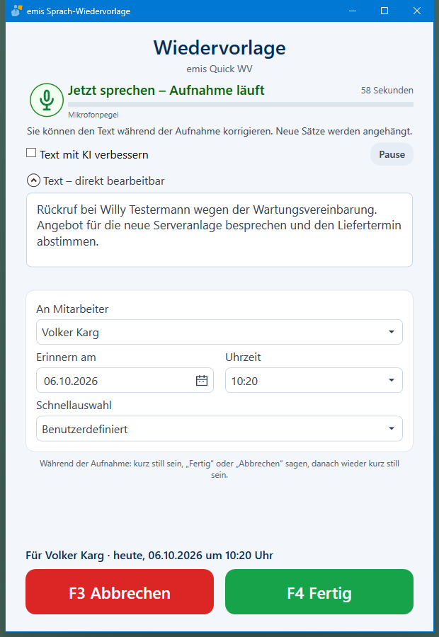 Hauptfenster während der Aufnahme