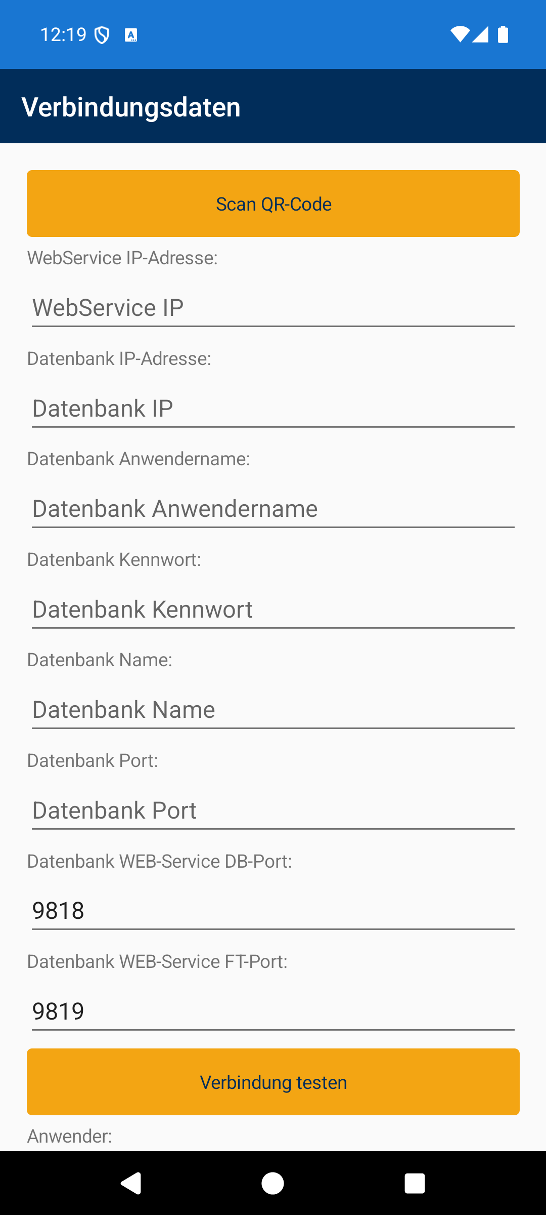 Verbindungsdaten beim ersten Start