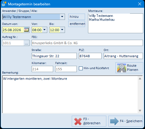Montagetermin bearbeiten