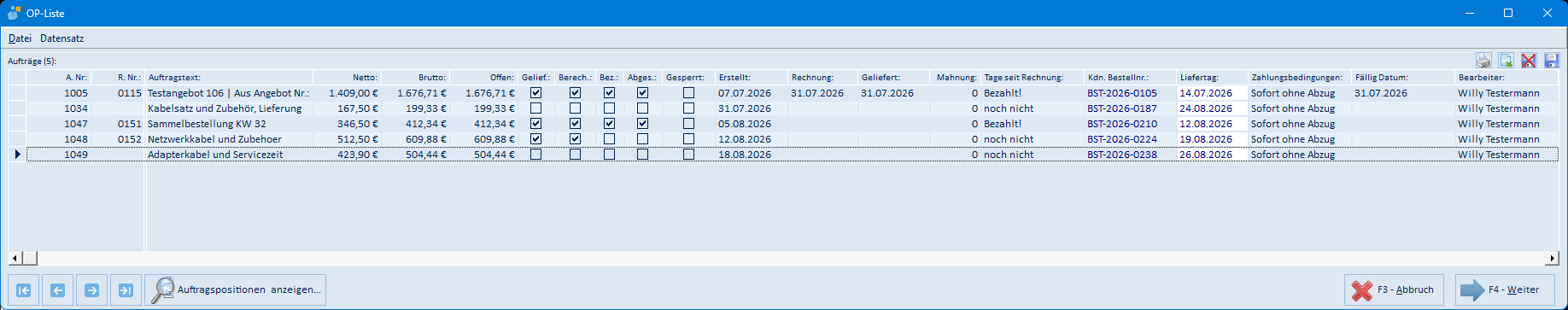 Auftragsliste des Kunden