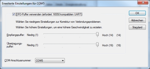 Erweiterte Einstellungen mit COM-Anschlussnummer