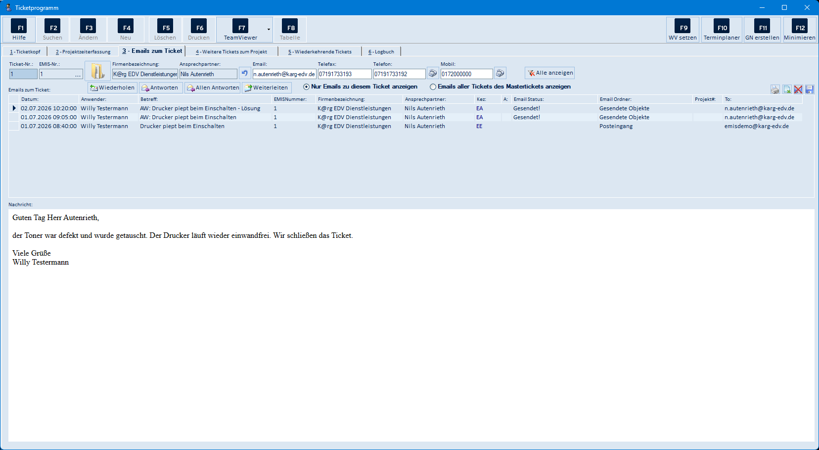 Emails zum Ticket