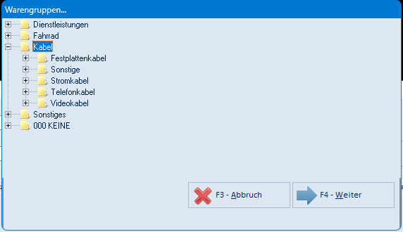 Warengruppen-Auswahl