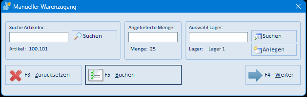 Erfassung mit Artikel, Menge und Lager