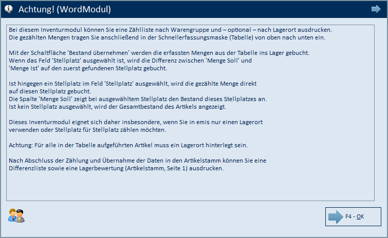 Info-Fenster mit der Ablaufbeschreibung