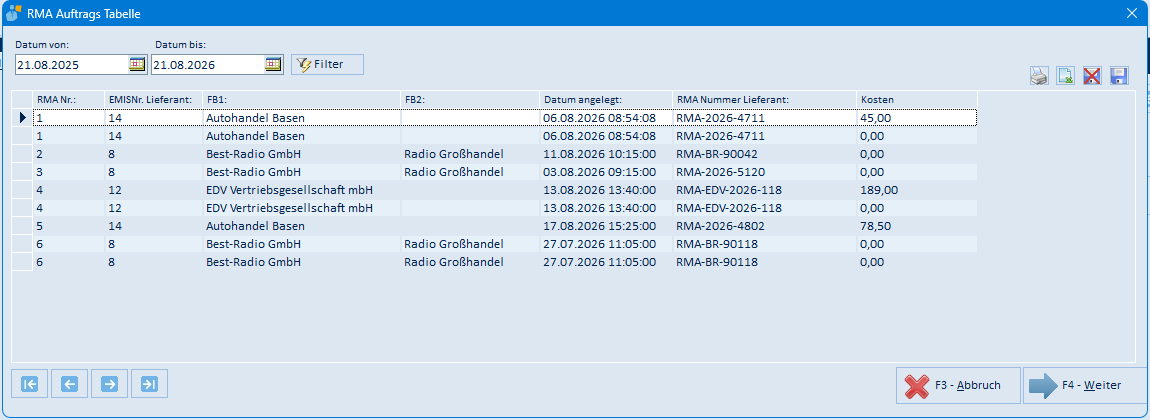 RMA Auftrags Tabelle