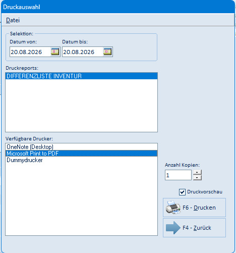 Druckdialog für die Differenzliste