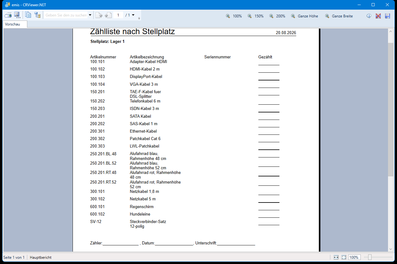 Druckvorschau der Zählliste