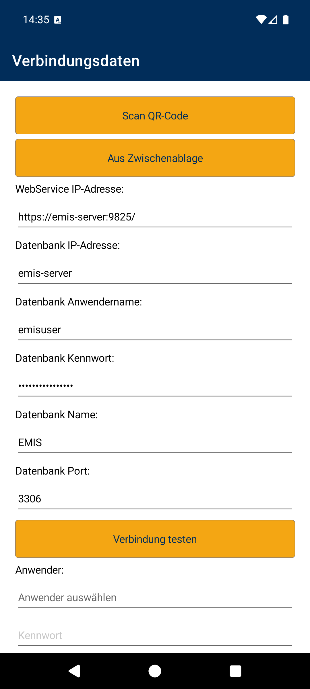 Verbindungsdaten ausgefüllt