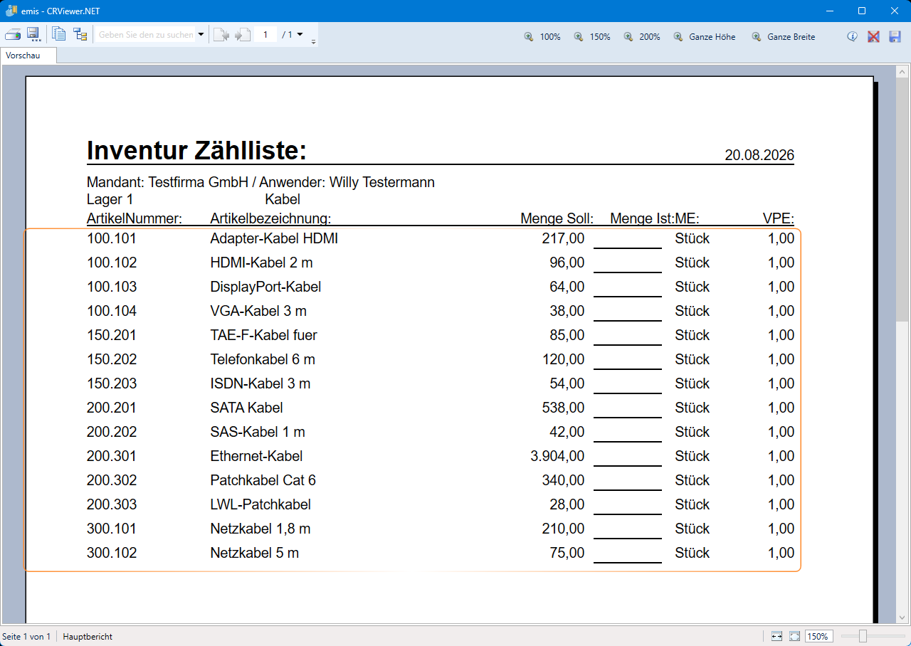 Druckvorschau der Zählliste
