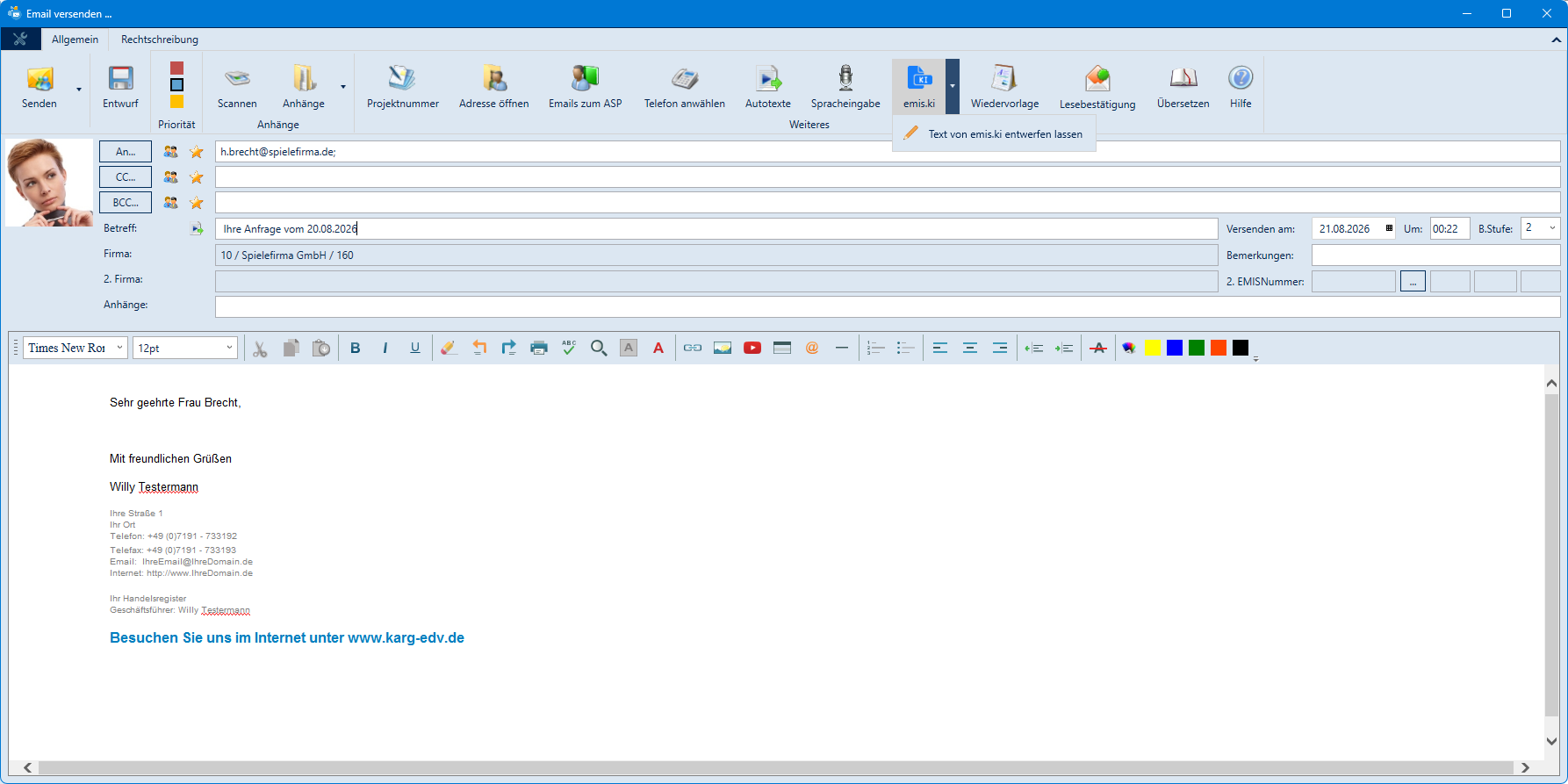 emis.ki im E-Mail-Fenster