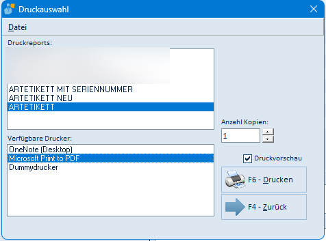 Druckauswahl Etikett