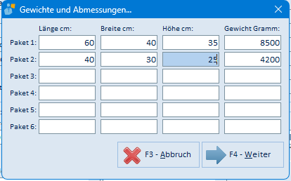 Gewichte und Abmessungen