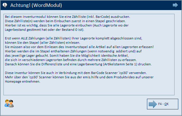 Info-Fenster mit der Ablaufbeschreibung