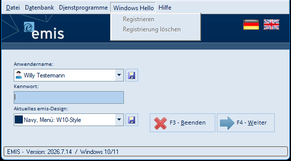 Menü Windows Hello