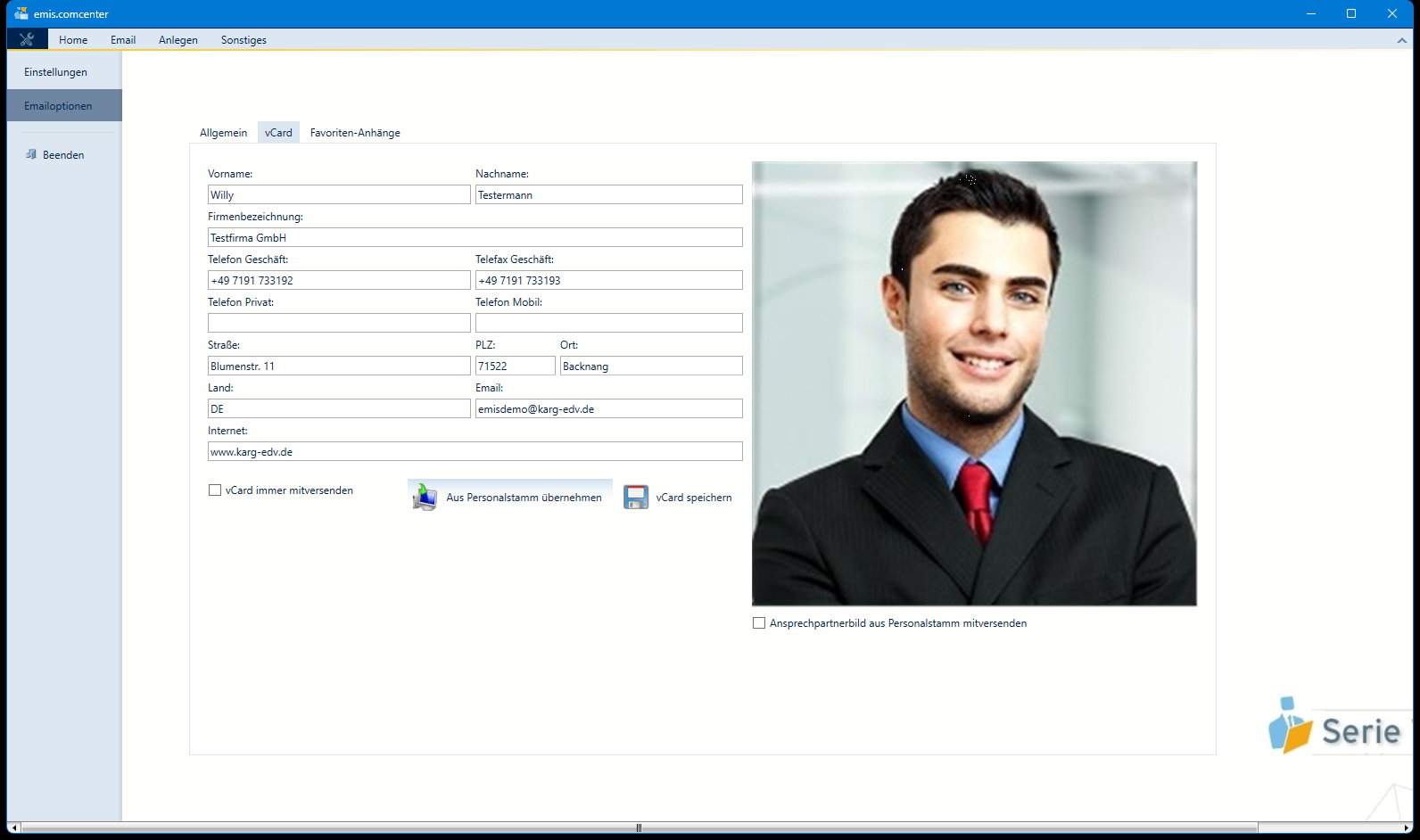 Emailoptionen vCard