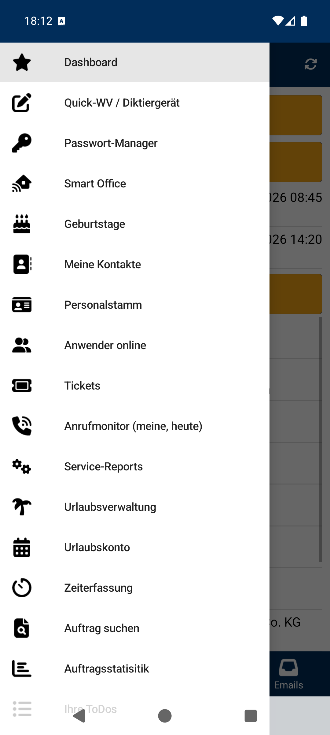 Hauptmenü, oberer Teil