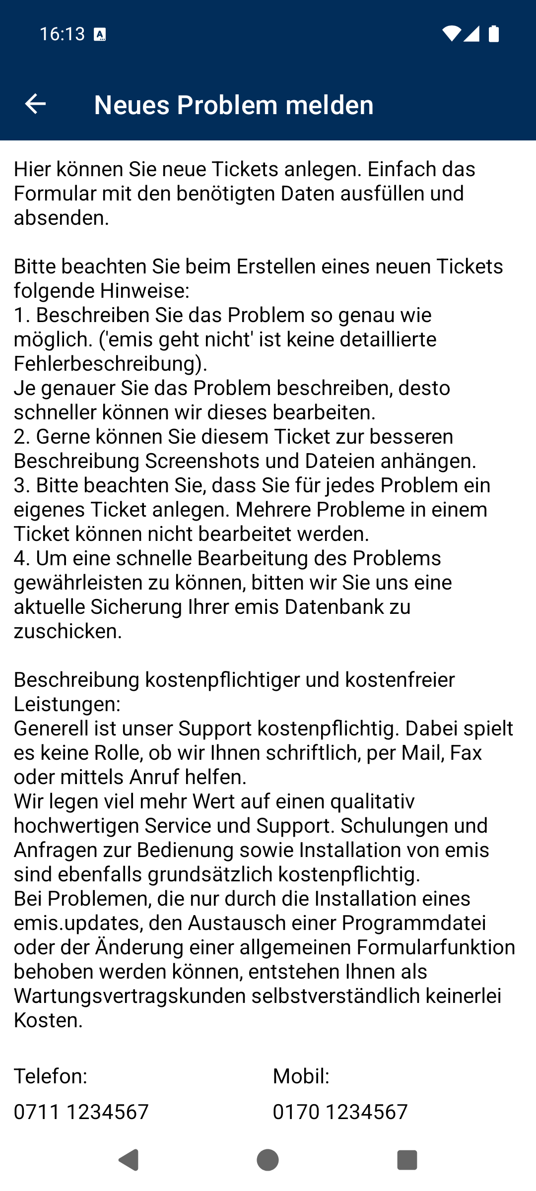 Neues Problem melden, oberer Teil