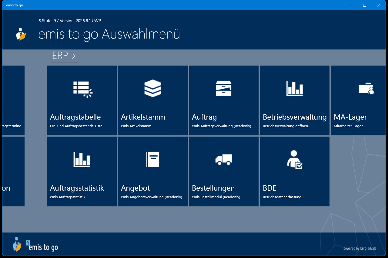 Startmenü, weitere CRM-Kacheln und Beginn der Gruppe ERP
