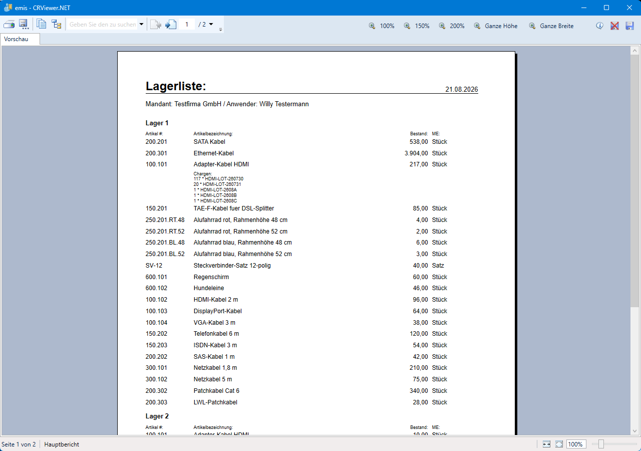 Druckvorschau Lagerliste