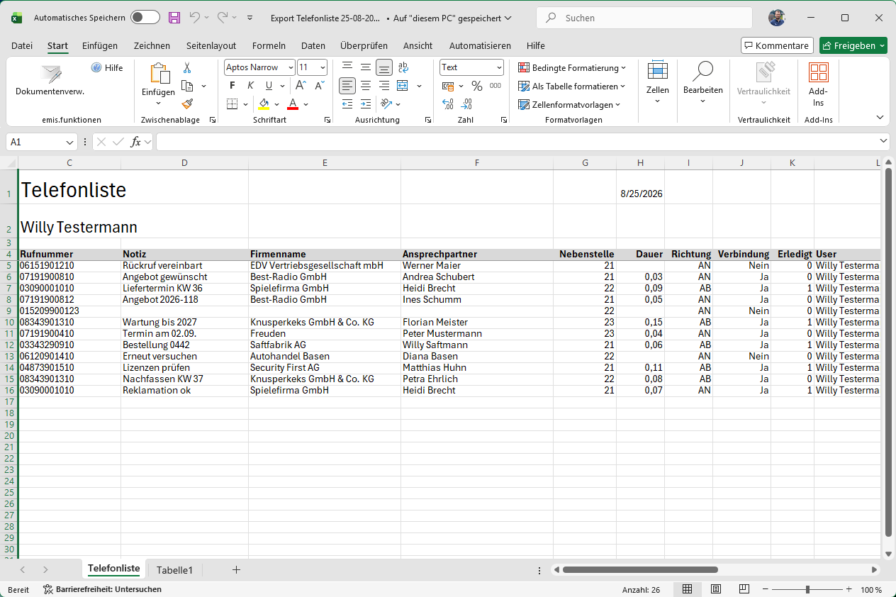 Excel-Mappe der Anrufliste