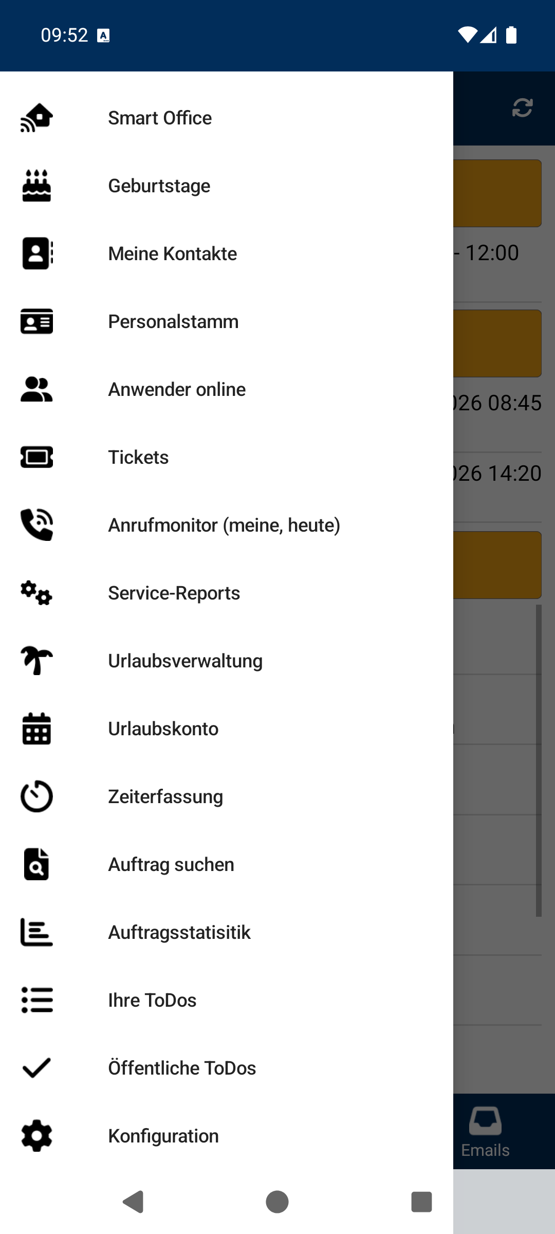 Hauptmenü, unterer Teil