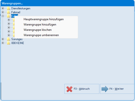Kontextmenü der Warengruppenauswahl