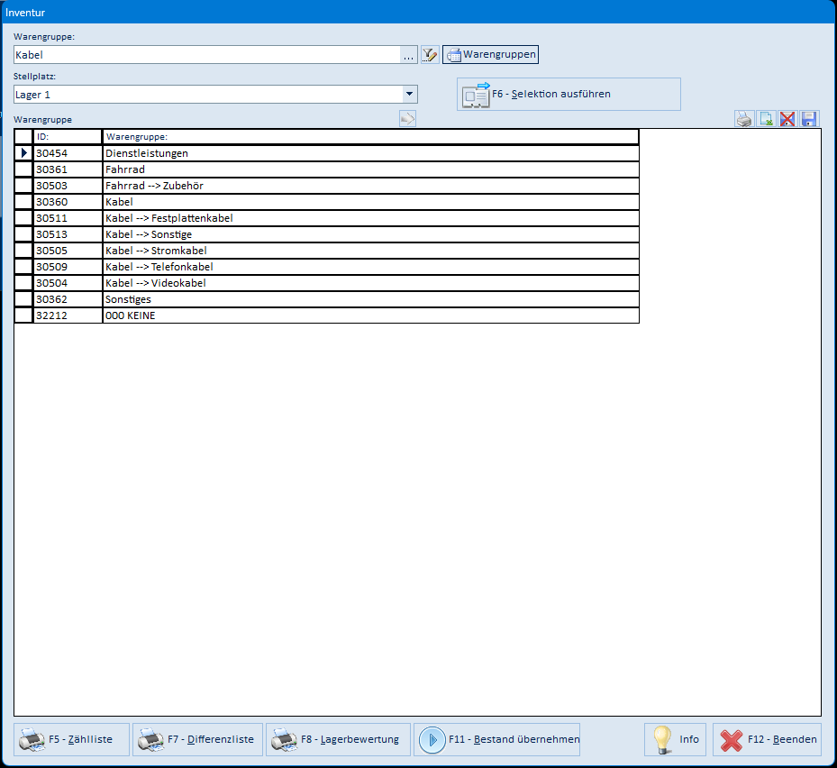 Liste aller Warengruppen mit ID