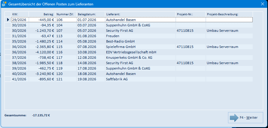 Gesamtübersicht der Offenen Posten zum Lieferanten