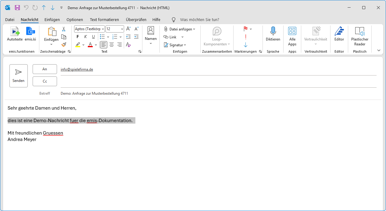 emis.ki im Verfassen-Fenster von Outlook