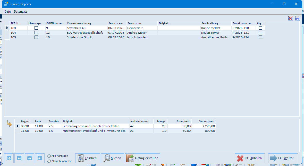 Service-Reports Tabelle