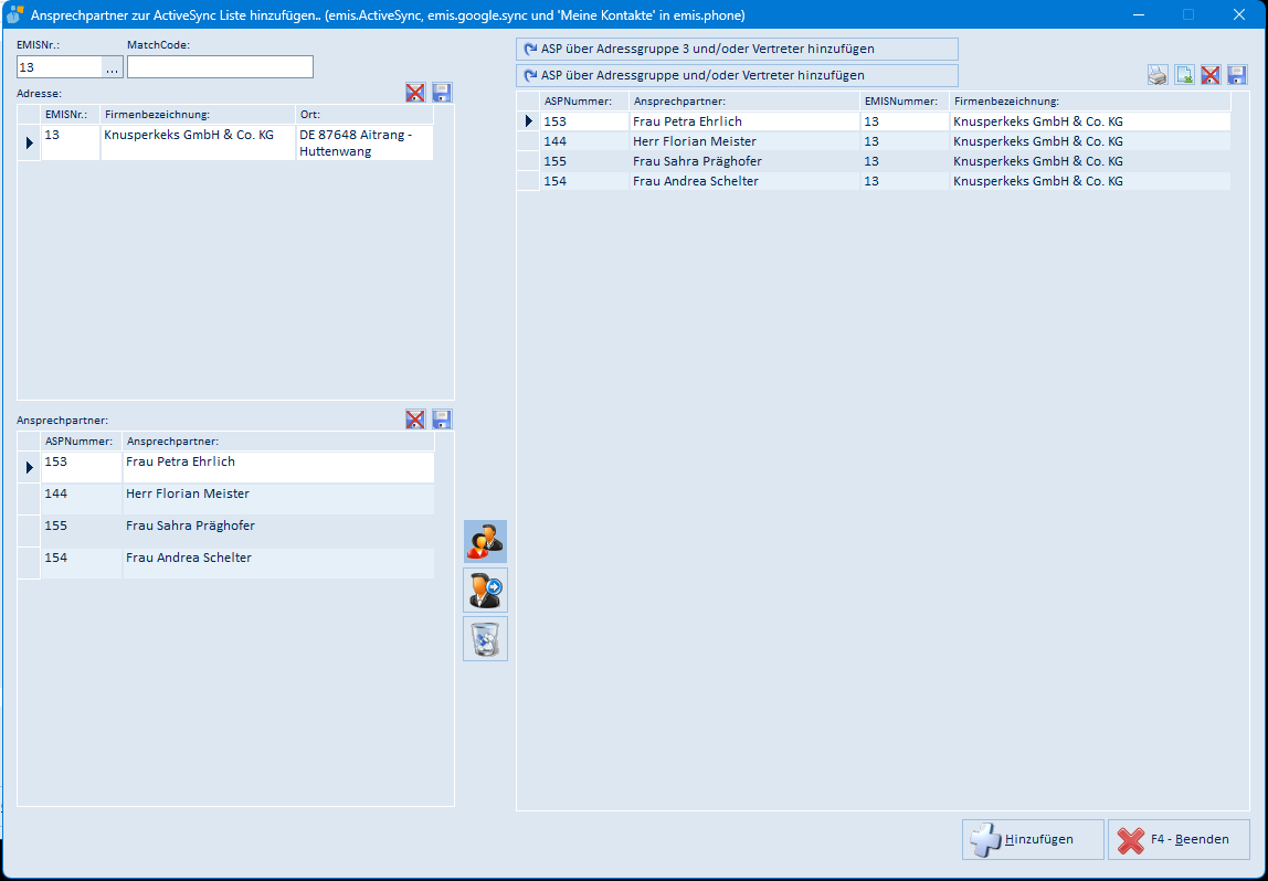 Mehrere Ansprechpartner zur ActiveSync-Liste hinzufügen