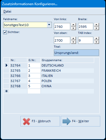 Zusatzinformationen konfigurieren
