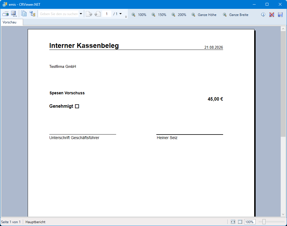 Druckvorschau interner Kassenbeleg