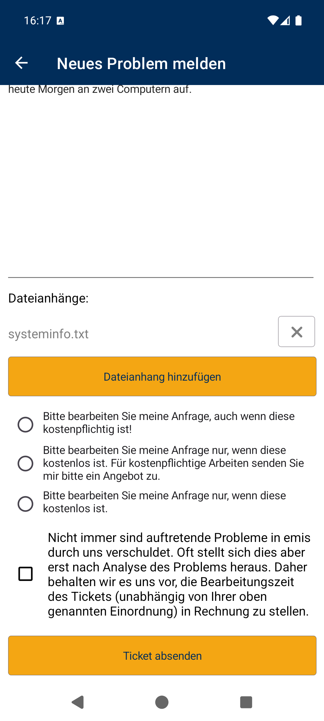 Neues Problem melden, unterer Teil