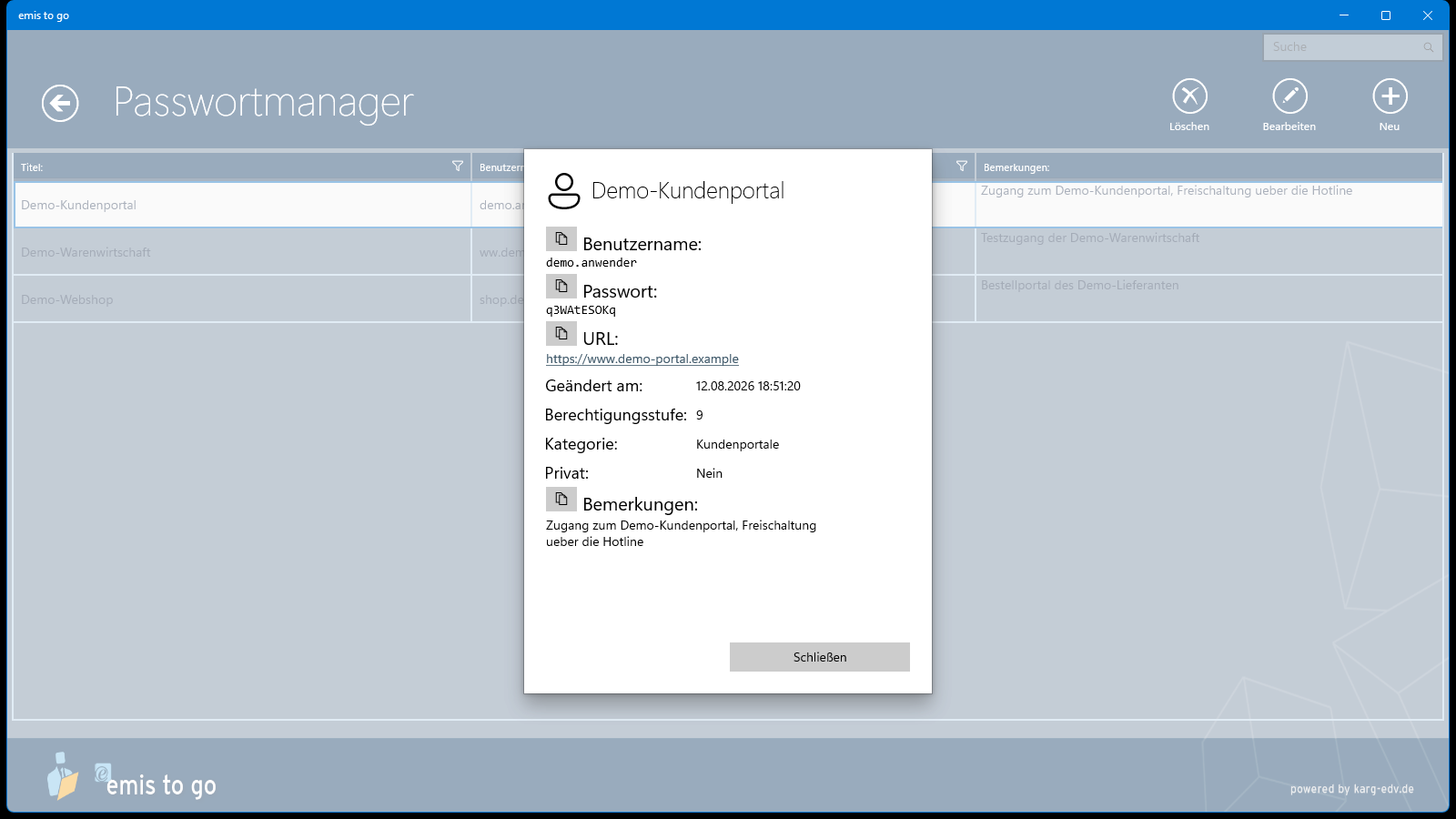 Passwortmanager, Detailansicht