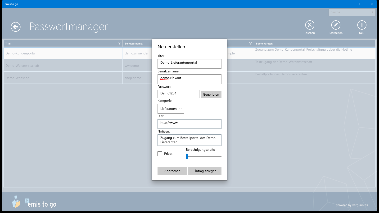 Passwortmanager, Eintrag anlegen