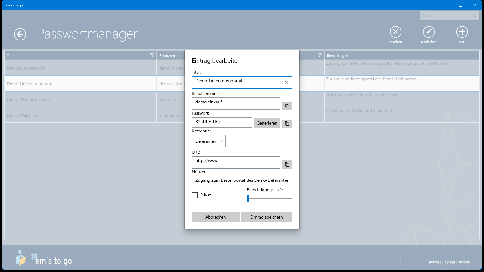 Passwortmanager, Eintrag bearbeiten