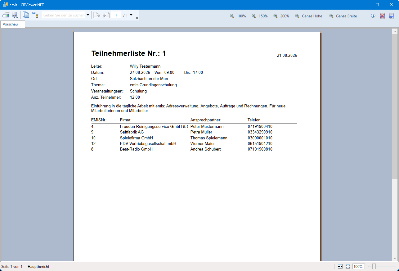 Druckvorschau der Teilnehmerliste