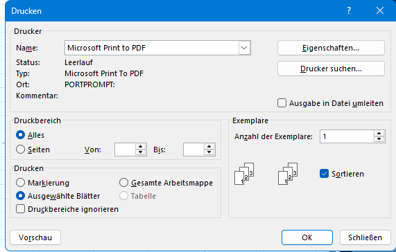 Druckdialog von Microsoft Excel