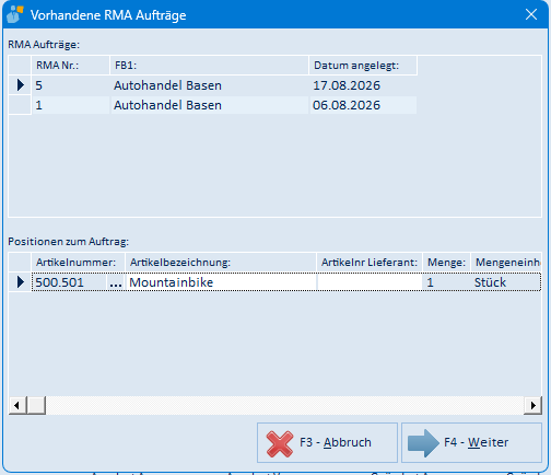 Vorhandene RMA Aufträge