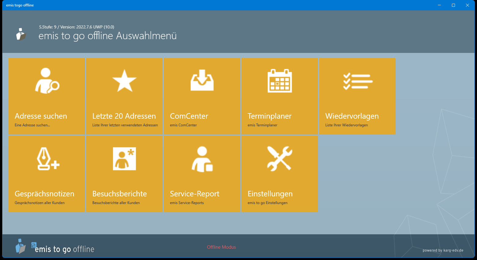 Auswahlmenü von emis to go offline