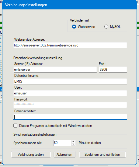 Verbindungseinstellungen von emis.datasync