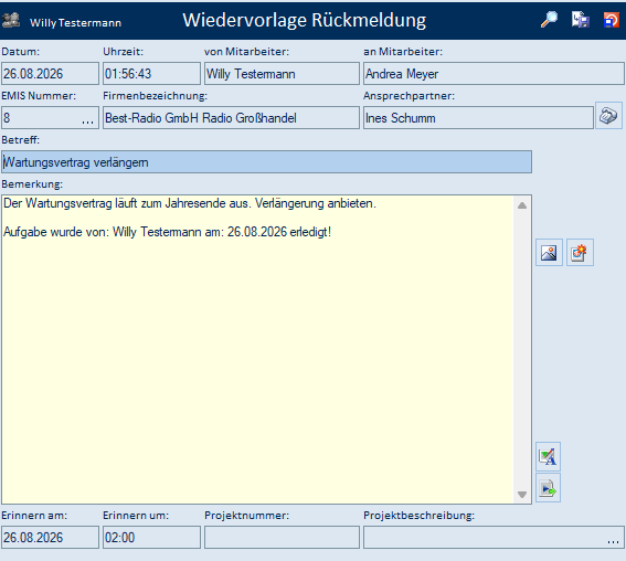 Wiedervorlage Rückmeldung