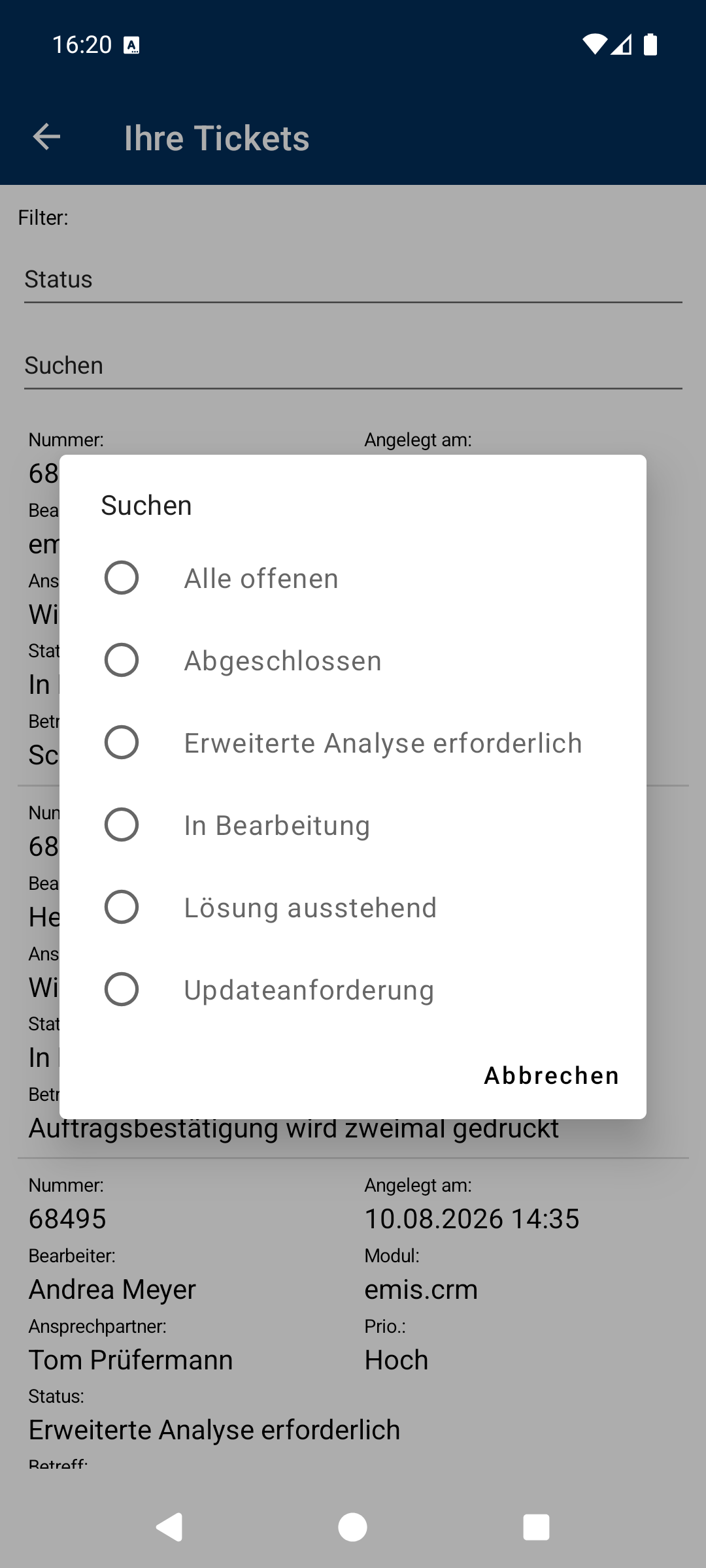 Statuswerte auswählen