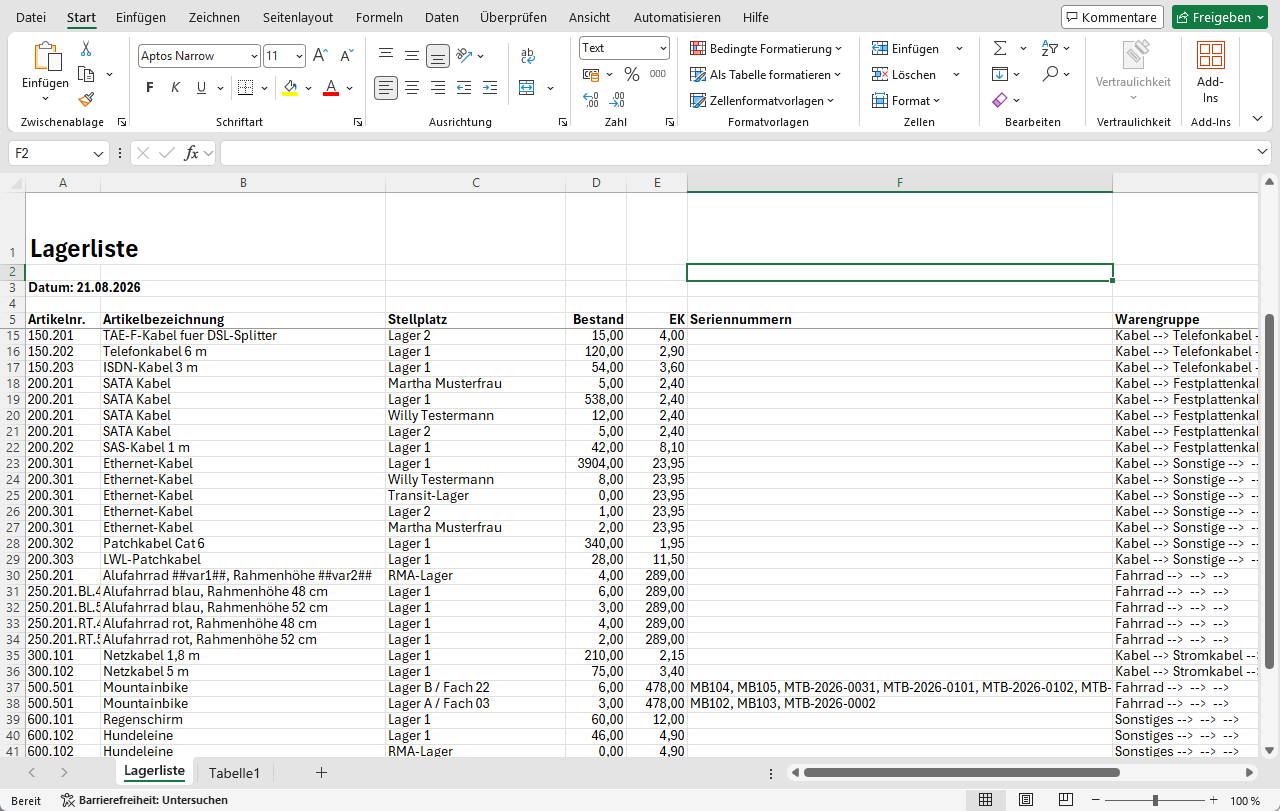 Excel-Mappe der Excelliste