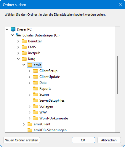 Zielordner für die Dienstdateien