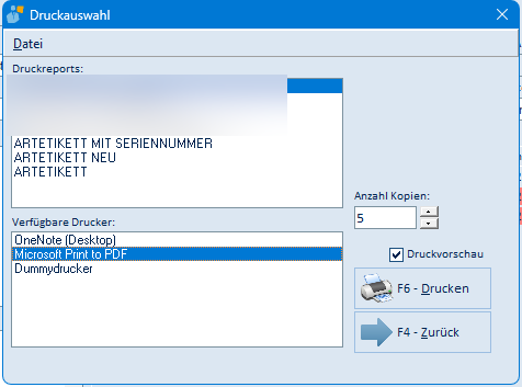 Druckauswahl Etikett