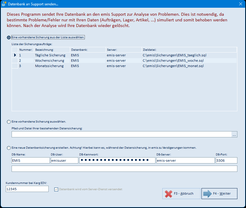 Datenbank an Support senden