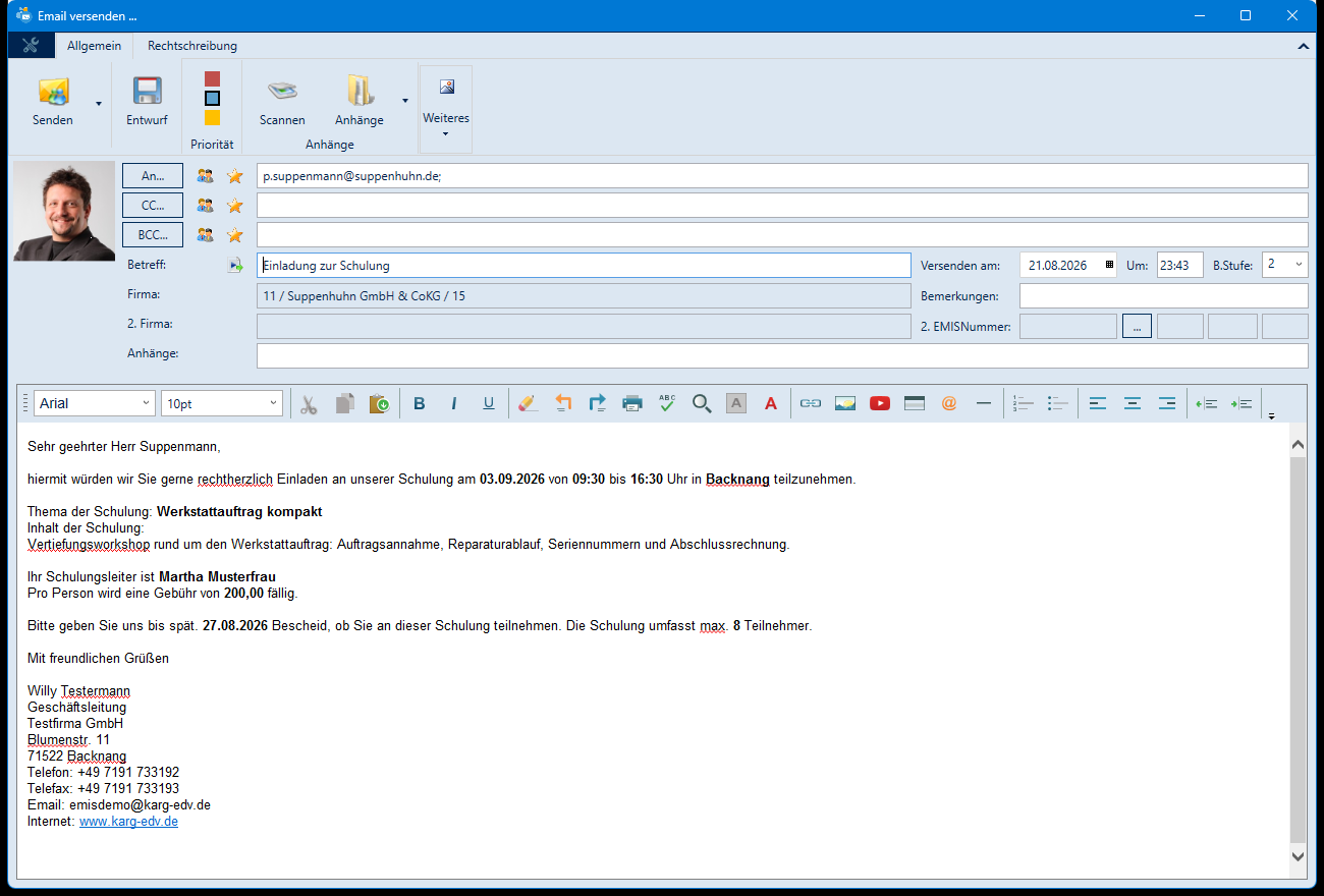 E-Mail-Maske mit Einladungstext